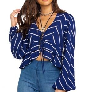 Free People Samifran Crop Flowy Blouse Blue White Stripe Button Tie Top